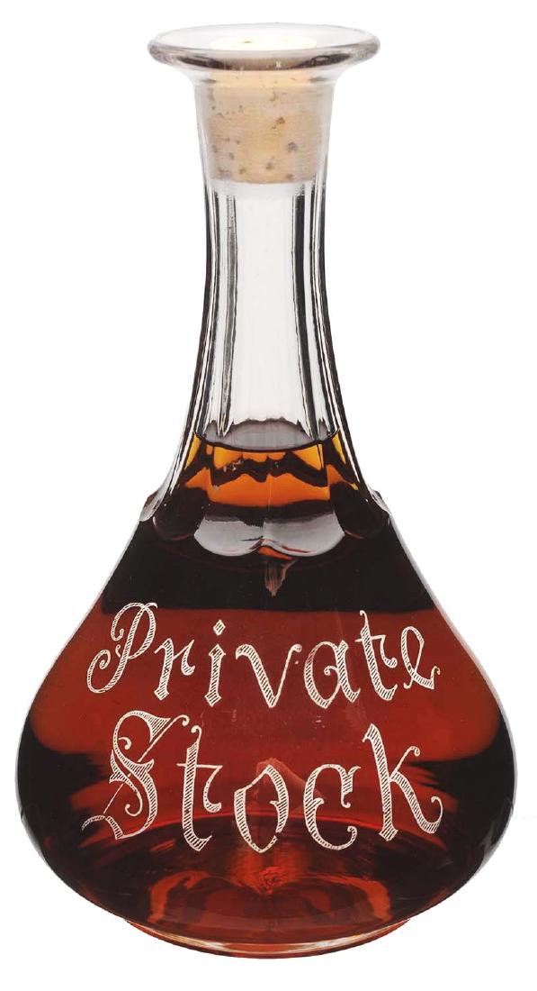 Private Stock Enameled Back Bar Bottle.: Circa 1890s. Words "Private Stock" etched in the glass.Dimensions: 8 - 1/4" T.