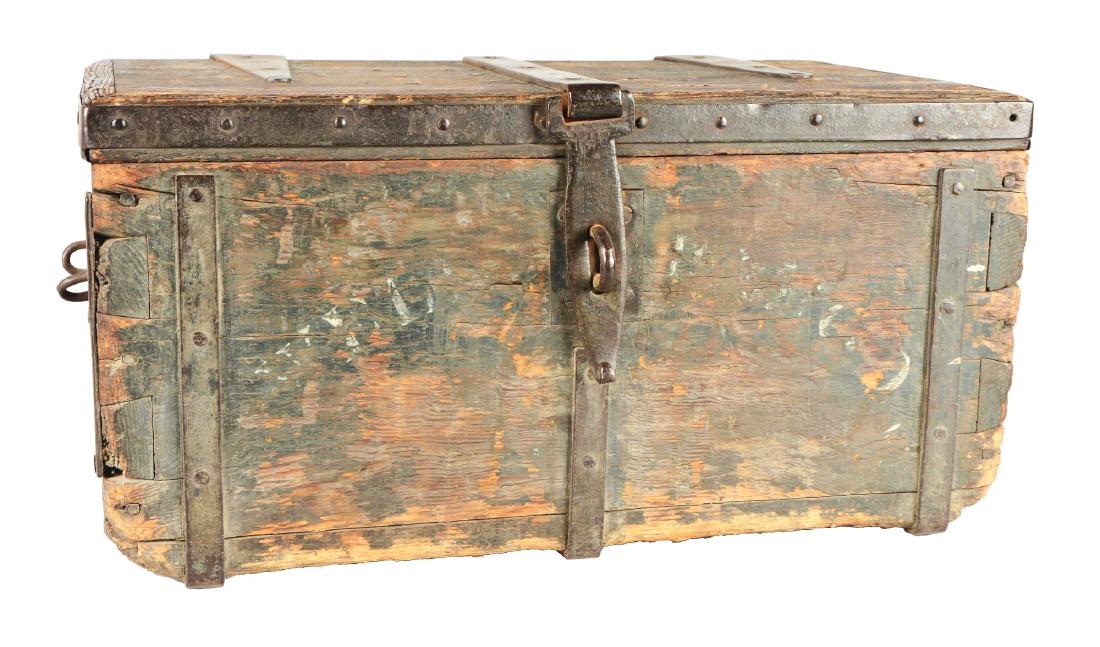 Early Wells Fargo Strong Box.: Wooden lock box with faded stenciling on the front. Two small red tags remain posted on the inside of the lid; one for Guaymas, Mexico and the other for Hermosillo, Mexico. Shows moderate wear through
