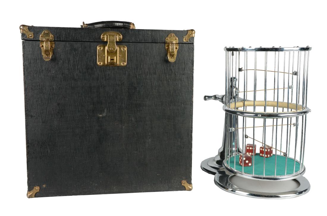 Chuck-A-Luck Cage With Original Case.: This game has 3 large, translucent red dice that are contained within a chrome plated cage that can spin. It is marked, "Mason & Co. Newark NJ" on the base. It comes in its original case with brass ha