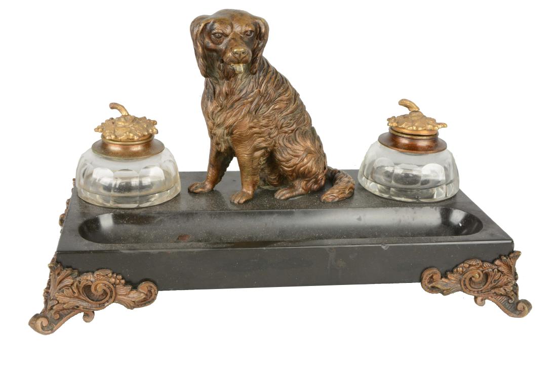 Figural Bronze Dog Inkwell. (1 of 5)