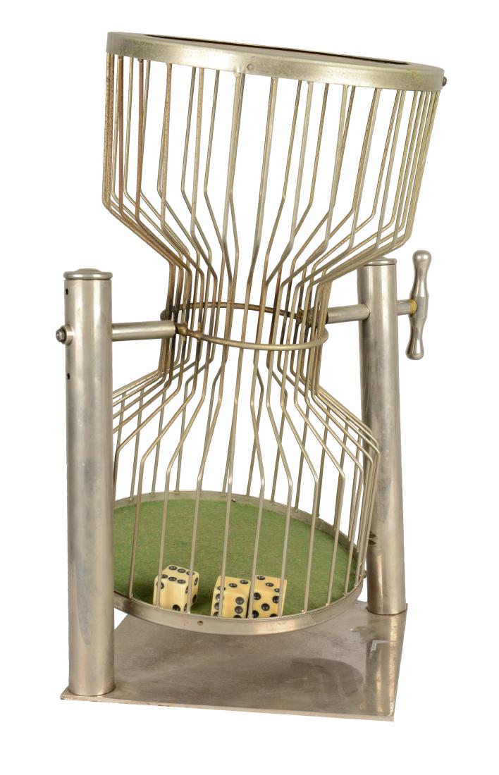 Chuck-A-Luck Dice Tumbler.: Hourglass-shaped wire dice tumbler with three large dice. 13" x 14" x 18".