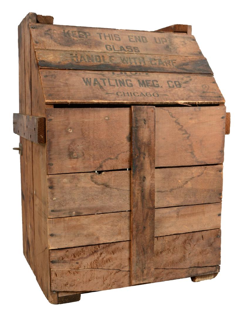 Original Watling Mfg. Co. Wood Shipping Crate.: This slot machine crate is marked "KEEP THIS END UP - GLASS- HANDLE WITH CARE - WATLING MFG. CO. - CHICAGO". Has a metal latch on the rear door. Wood does show age but is intact and sturdy. From the c