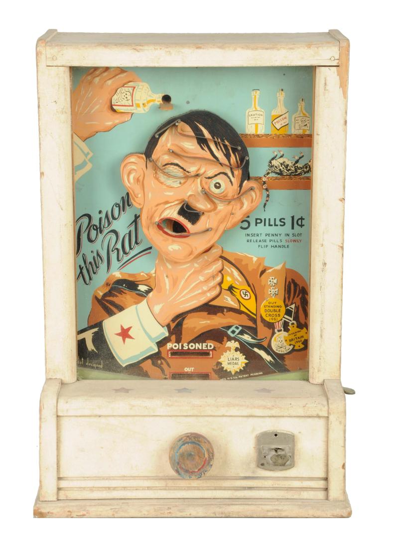1¢ Groetchen Poison This Rat Flip Ball Countertop: Circa 1943, made by the Groetchen Tool & Mfg. Co. A World War II motif skill game, featuring Adolph Hitler graphics. Flip five pills (balls) onto Hitler's head and move his head back and forth with th