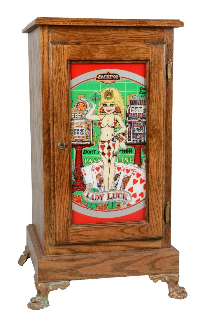 Glass Front Oak Slot Machine Stand. (1 of 6)