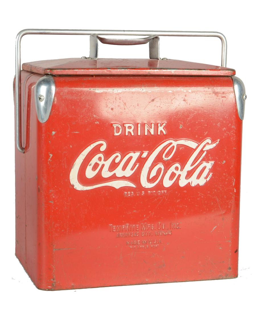 Coca-Cola Picnic Cooler.: Manufactured by TempRite Mfg. Co. in the 1950's. This cooler has some paint loss and oxidation but is still pretty clean. 14" x 12-1/2" x 9".