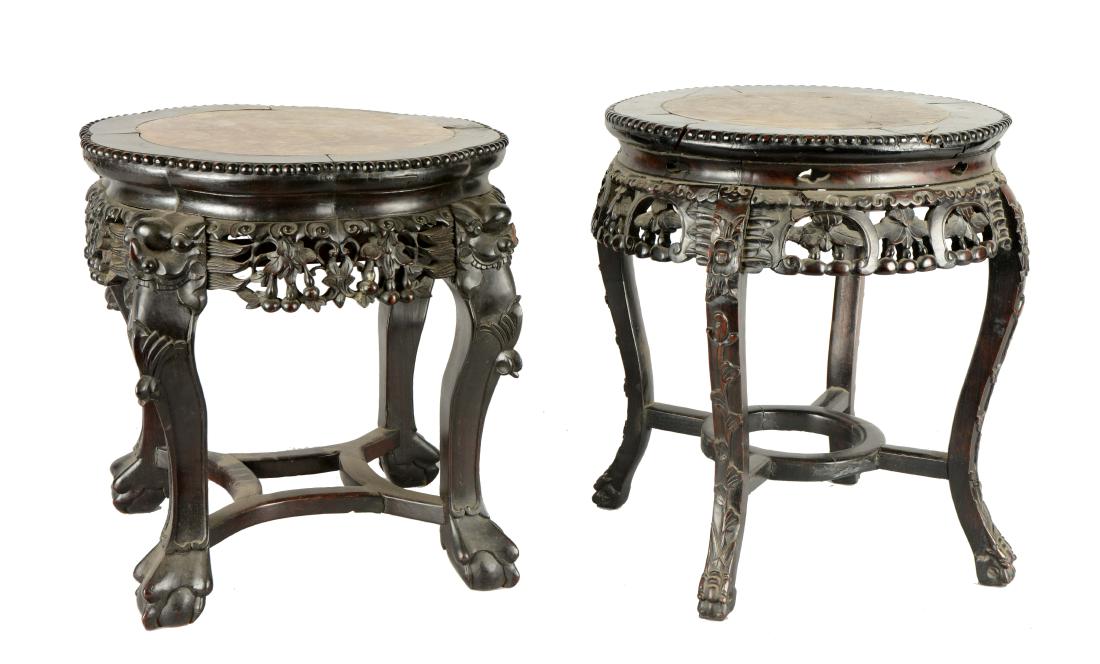 Lot Of 2: Carved Wood And Rose Marble End Tables. (1 of 13)