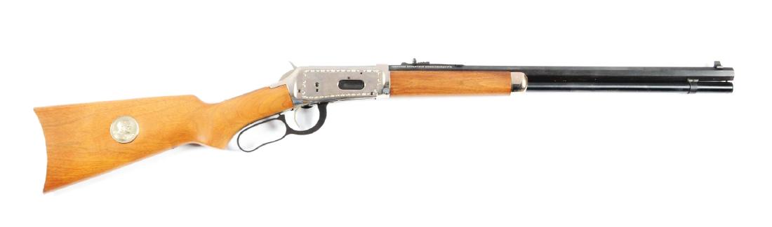 (M) MIB Winchester Model 94 Teddy Roosevelt: Winchester produced this commemorative rifle in 1969 to celebrate the great Theodore Roosevelt who ended his term in office in 1909. Features full octagon barrel, full magazine, rifle butt, saddle rin