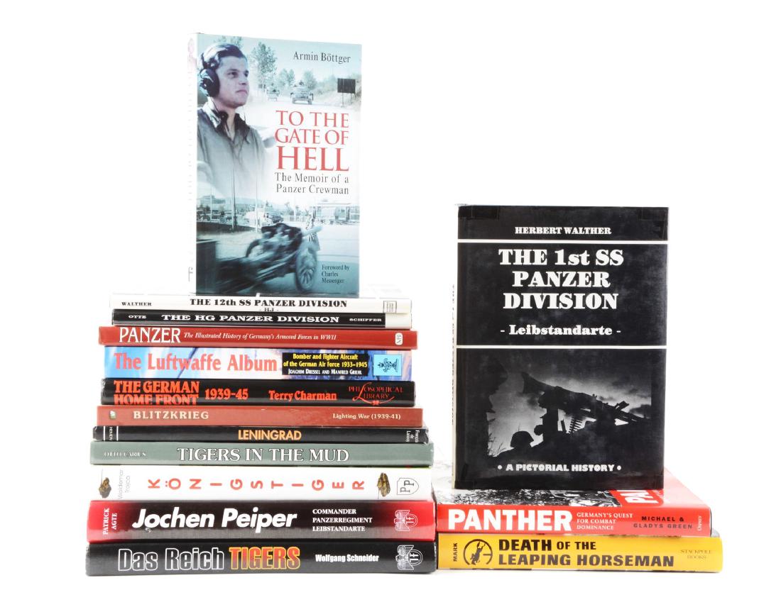 Lot Of 15: German Panzer, Third Reich, & Luftwaffe: Titles include: "The German Home Front 1939-45" by Terry Charman, "The Luftwaffe Album: Bomber and Fighter Aircraft of the German Air Force 1933-1945" by Joachim Dressel and Manfred Greihl, "The 12th