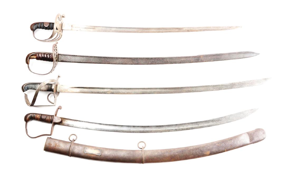 Lot Of 4: Continental Sabers.: Comprising: Four steel hilted cavalry sabers, one with scabbard. Fair condition; showing heavy use, scattered marks with heavy patina and losses to grips and hilts. Manufacturer: , Model: , Serial Num