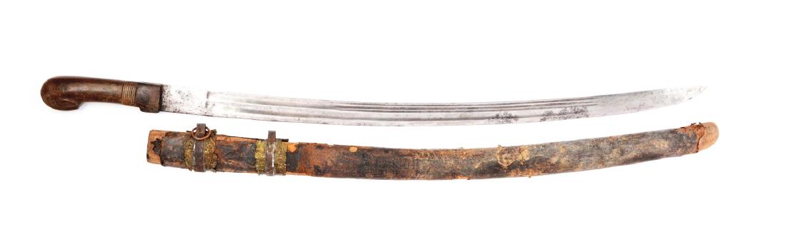 Russian Shasqua.: 19th century blade of classic form with one large fuller and three smaller fullers. Riveted horn grip. Scabbard is leather covered with double rings but missing one of the rings. Blade is polished wit