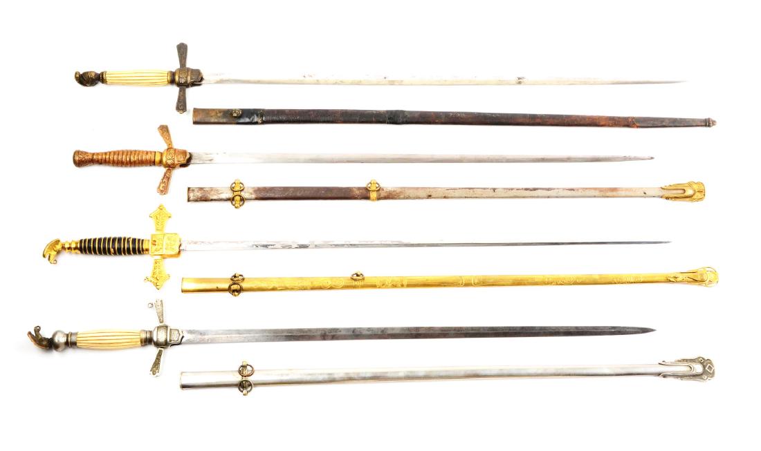 Lot Of 4: U.S. Militia Officer's Swords.: Comprising: A) Model 1850 Militia Sword with scabbard. Straight diamond section blade, solid cast brass hilt and guard, probably Bannerman assembled from parts, some contemporary. Complete with steel 