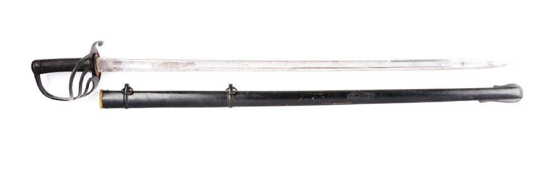 Very Rare English Saber By Wilkinson Of Pall Mall.: Serial No. 14433. Blade etched on right side, Yokahama Mounted Volunteers. Blade of spear tip point. Broad single fuller and narrow fuller up top. Blackened iron hilt with checkered composition rivete