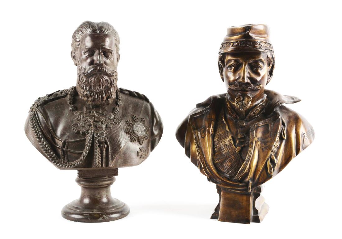 Lot Of 2: Officers Busts.: One cast steel aluminum and one bronze. Bust of the Kaiser shows great detail with some minor losses to finish. French officer made of cast bronze with some detail engraved in excellent condition with