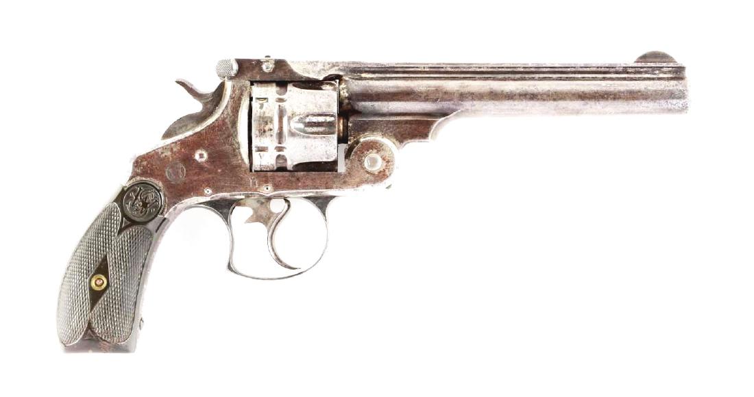 (A) S&W No. 3 Navy Top Break Double Action Revolver.: Features six shot, double action and black composite grips. Barrel and cylinder retain 20% original nickel finish. Indexes perfectly. Strong, clean bore. Good Western look with great mechanics, would