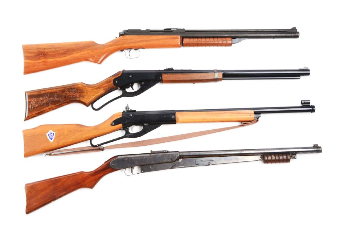 Lot Of 4: Vintage BB Guns.: Rifle (A) Benjamin Franklin serial No. 10634 .22 caliber Model 342 with wood stock, pump powered and bolt action. This rifle is in near new condition and does not appear to have ever been used. Comes 
