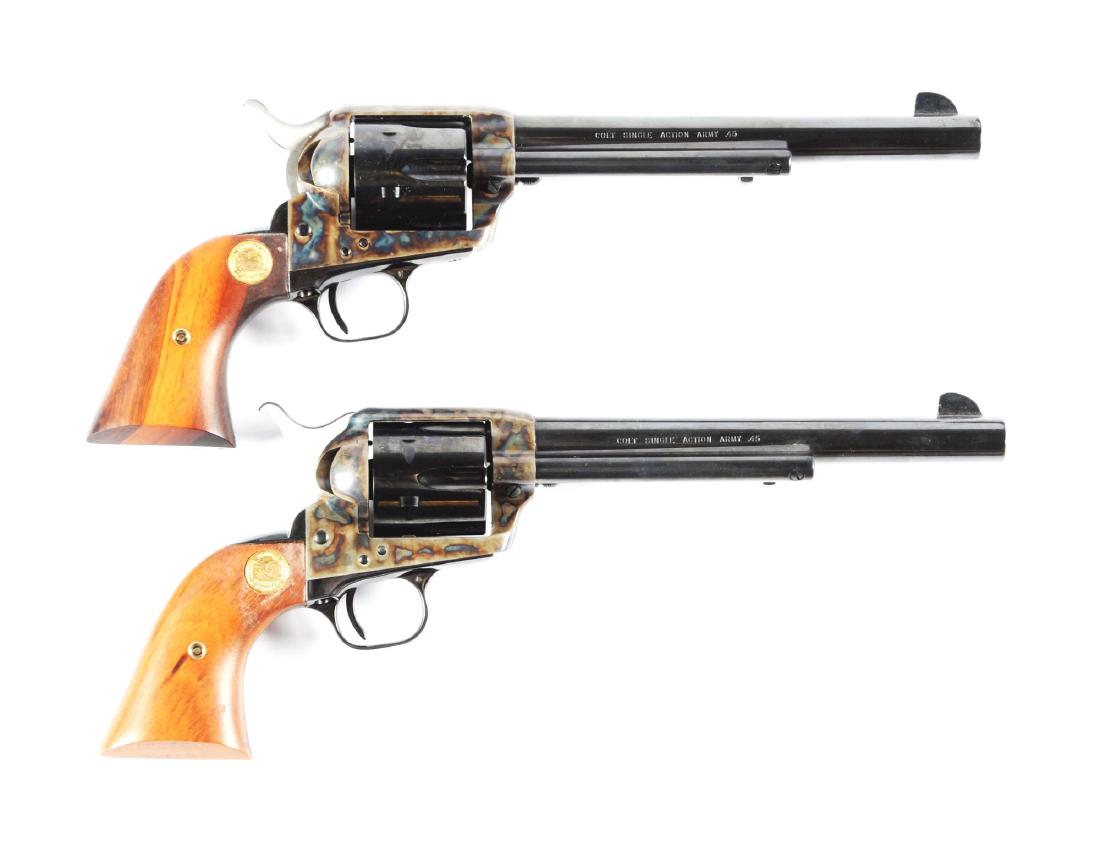 (M) Consecutive Numbered Pair Colt Single Action Army: Both revolvers feature blue and case colored finish with two piece walnut grips with the special NRA gold medallion. Both revolvers are etched on left panel "1871 NRA CENTENNIAL 1971" gold filled. Rig