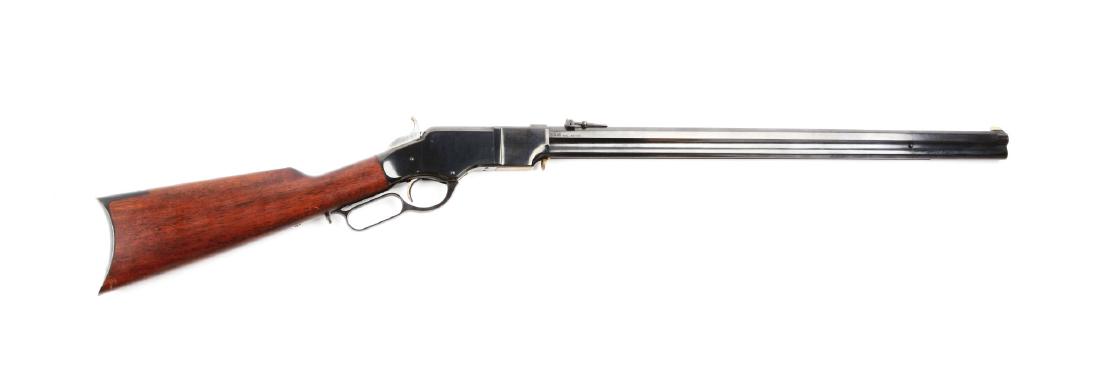 (M) Steel Frame Navy Arms Model 1860 Henry Lever Action: This is basically an excellent made reproduction of the very rare iron frame Henry. While not as flashy as the brass framed models, these steel framed Henrys are far more reliable and will give many m