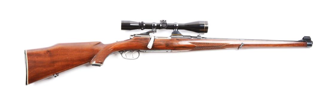 (C) Mannlicher Schoenauer MCA Full Stock Bolt Action: Classic full stock Mannlicher carbine in popular Winchester caliber. Features checkered pistol grip and forend, black composite buttplate and grip cap, sling swivels, double set triggers, swept butter
