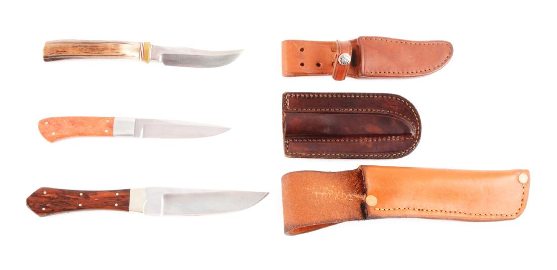 Lot Of 3: Hand Crafted American Fixed Blade Knives.: 1.) RANDALL MADE ORLANDO, FLA. 4" saber ground skinner with an overall of 8-1/4", handled in genuine stag. Correct sheath. 2.) Jerry Stone, Lytle Texas 5" saber ground clip point with an overall of 9-
