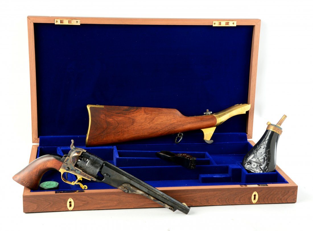 (A) Boxed Cased Colt Model 1860 Army Cavalry: Features blued barrel stamped "UNITED STATES CAVALRY COMMEMORATIVE"; rebated cylinder engraved with Naval scene; case colored lever, frame and hammer; brass trigger guard, blued backstrap, one piece w