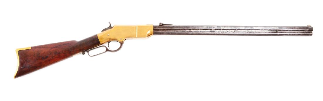 (A) Type I Martially Marked U.S. Henry Lever Action: Octagonal barrel marked on top flat with serial number and "HENRY'S PATENT OCT. 16, 1860/MANUFACT'D BY THE NEW HAVEN ARMS CO. NEW HAVEN, CT." Right side, near breech, stamped "C.G.C./H" for what is be