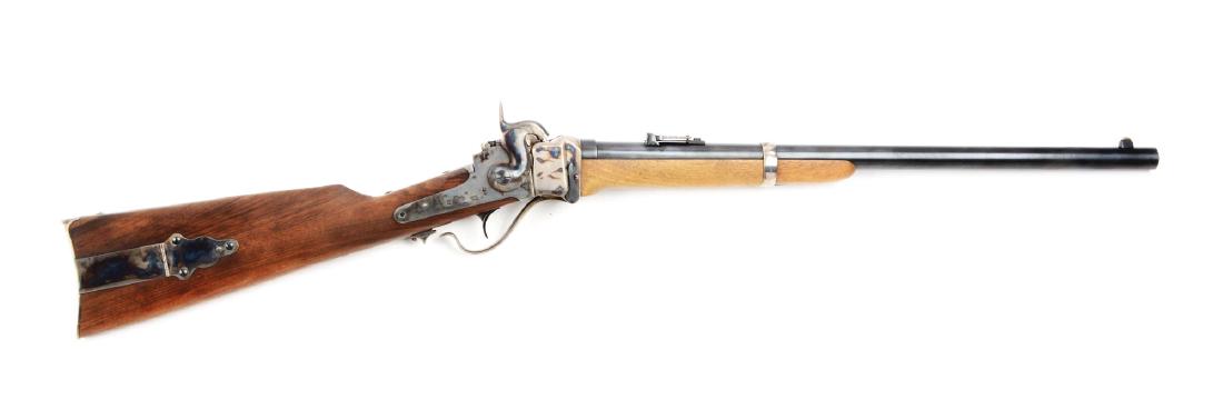 (A) Garrett Arms Model 1863 Sharps Percussion Carbine.: Barrel is stamped "BLACK POWDER ONLY" and "MADE IN ITALY". Faithful reproduction of Civil War Sharps saddle ring carbine. Features round barrel; single band; walnut stock; Sharps type ladder military 