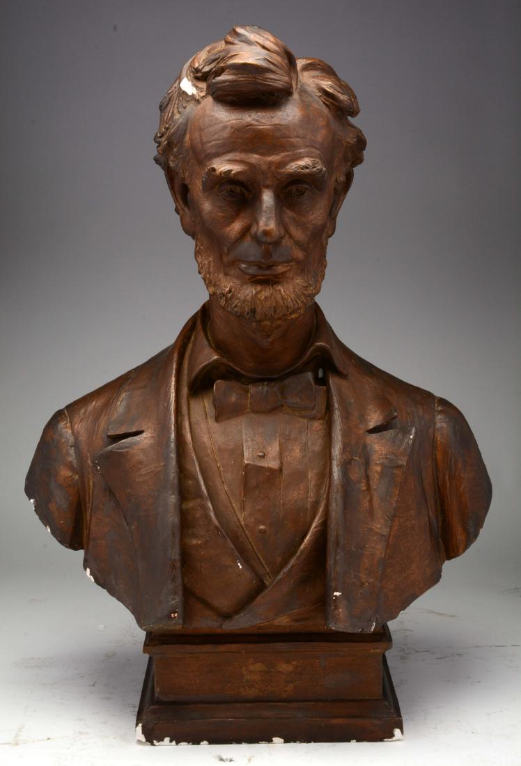 Bust of President Lincoln.: This lot consist of a plaster bust of President Lincoln. The President is depicted with a gaunt face with kind but strong eyes. However, when looking straight onto the bust, it almost appears that the