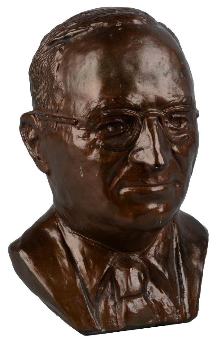 Plaster Bust of President Harry S. Truman.: This lot consists of a small plaster bust of President Harry S. Truman. The artists has portrayed President Truman with his iconic glasses and round face. Overall the piece is in good condition wit no