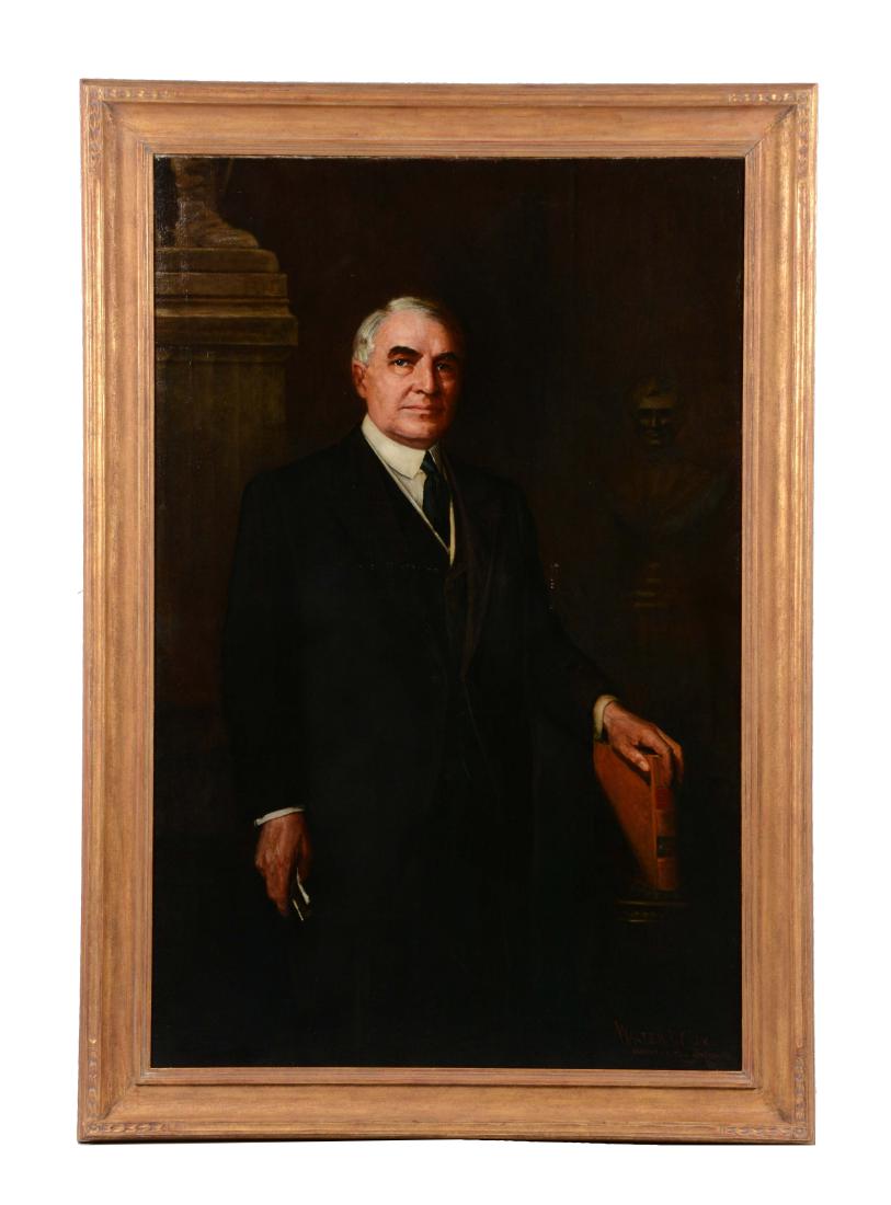 Large Portrait of President Harding.: This lot consists of a large portrait of President Harding. President Harding is depicted with a three quarter profile. He stands tall with one of his hands on the top and spine of a large leather bou