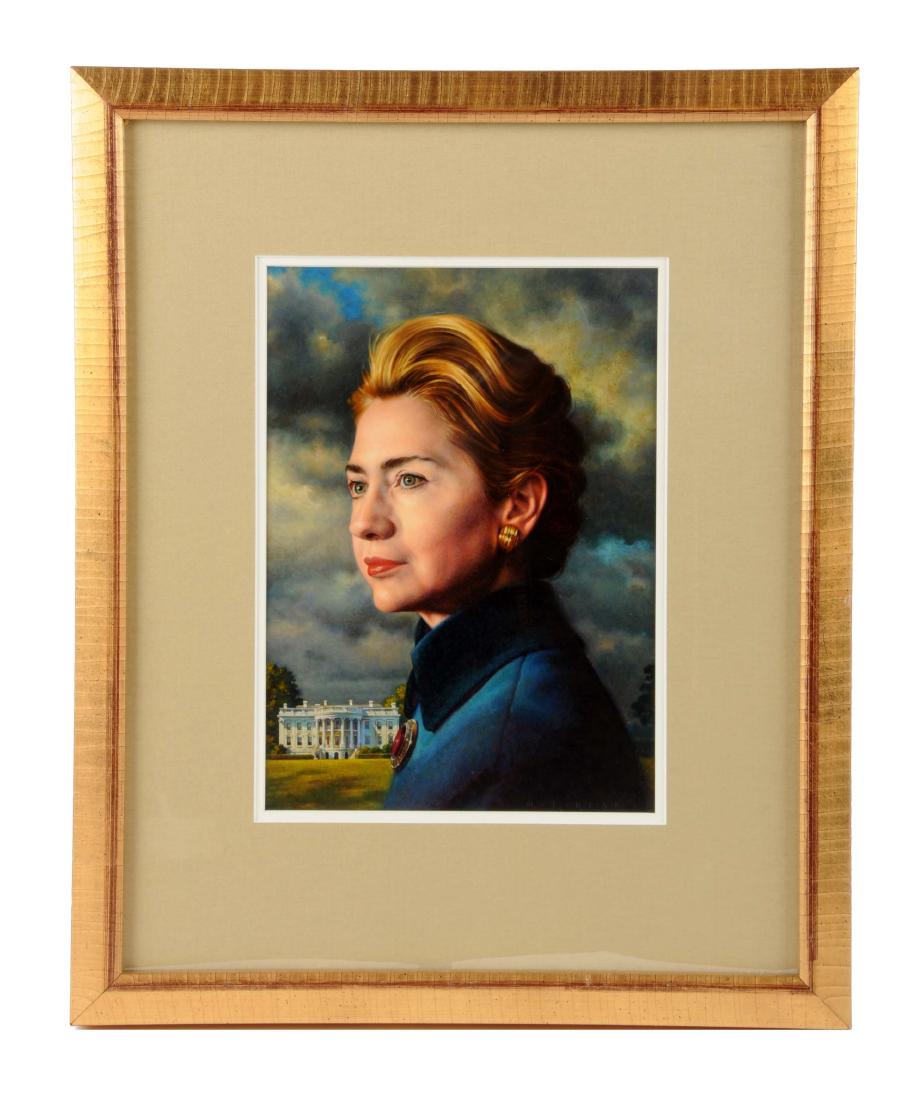 Framed Portrait of First Lady Hillary Clinton.: This lot consists of a framed portrait of First Lady, Hilary Clinton, done in oil paint on panel. The artist, Michael J. Deas, titled the piece, "The First Partner: Hillary Rodham Clinton." Depicted i