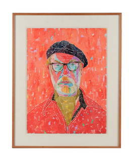 Framed Watercolor Portrait of Hans Moller: This lot consists of a framed watercolor self portrait, of the artist Hans Moller, titled "Self portrait with red background," dated 1976. The portrait depicts Moller with a red background, red shirt