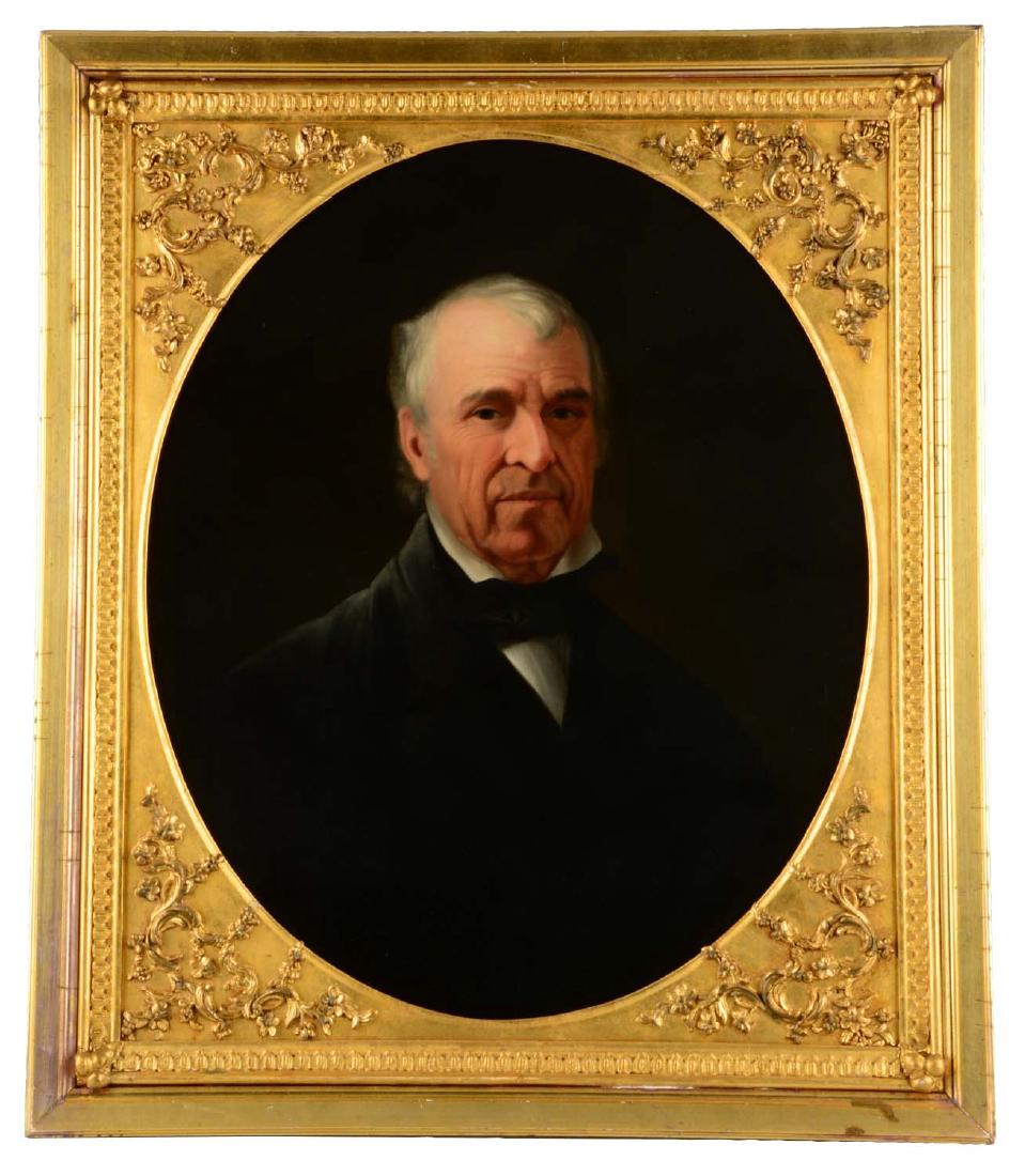 Portrait of President Zachary Taylor.: This lot consists of an oval portrait of President Zachary Taylor. The artist has depicted President Taylor, donning a dark suit coat with matching vest, a white collared shirt with a black bow tie. P