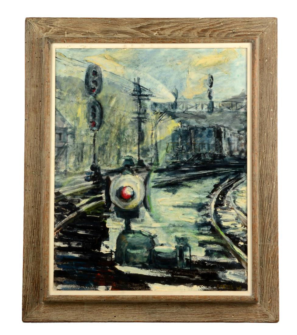 Railroad Painting.: This lot consists of a painting of a railroad scene on metal. The scene depicts train tracks in the foreground and in the background a train that is passing through the station. Present in this painti