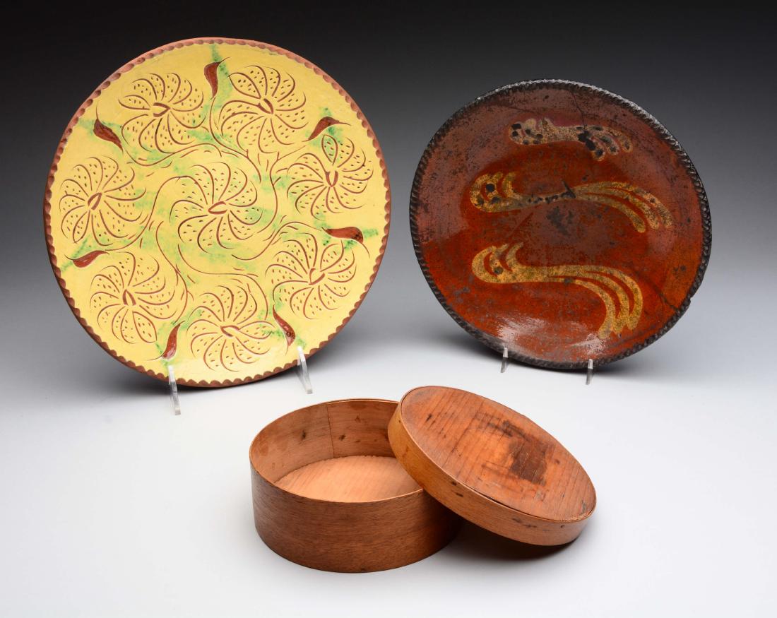 Lot Of 3: Shaker Box & Two Redware Pottery Plates. (1 of 11)