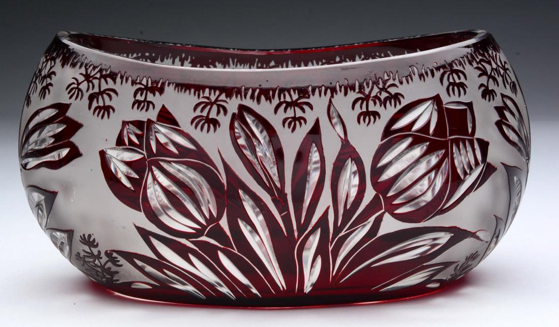 Loetz Austria Kristall Aussen Rubin.: Loetz cut to clear bowl, Krystall aussen rubin. The piece was manufactured in the 1920's. For attribution, see "Study of Loetz Cut Glass Production", Dr. Kai Hasselbach, www.loetz.com. No damage is pr