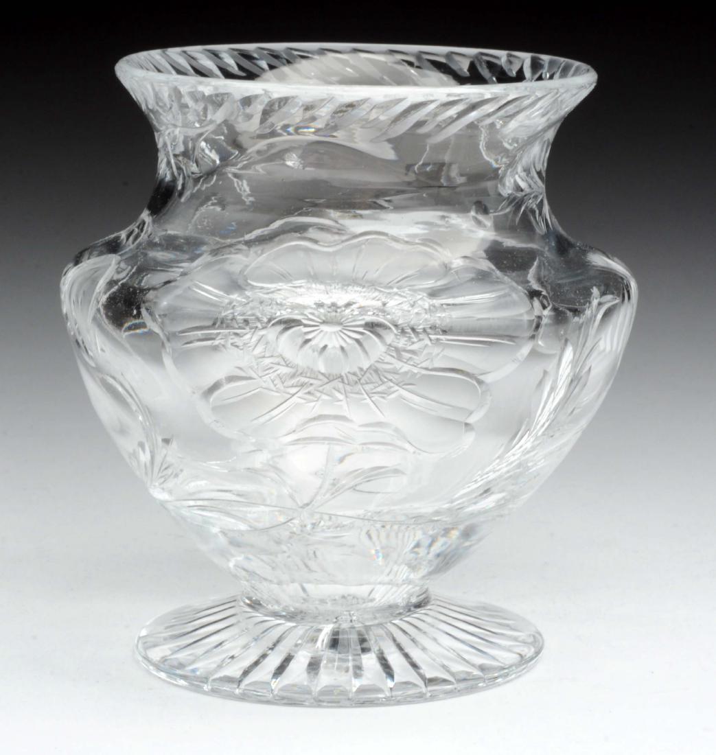 Webb Art Nouveau Crystal Vase.: Art Nouveau Crystal Vase with carved flower motif, circa 1900. Made by Thomas Webb and Sons. Signed with script acid stamp "Webb" on body by foot. Condition: (Very Good-Excellent).Dimensions: 4 - 1/2"