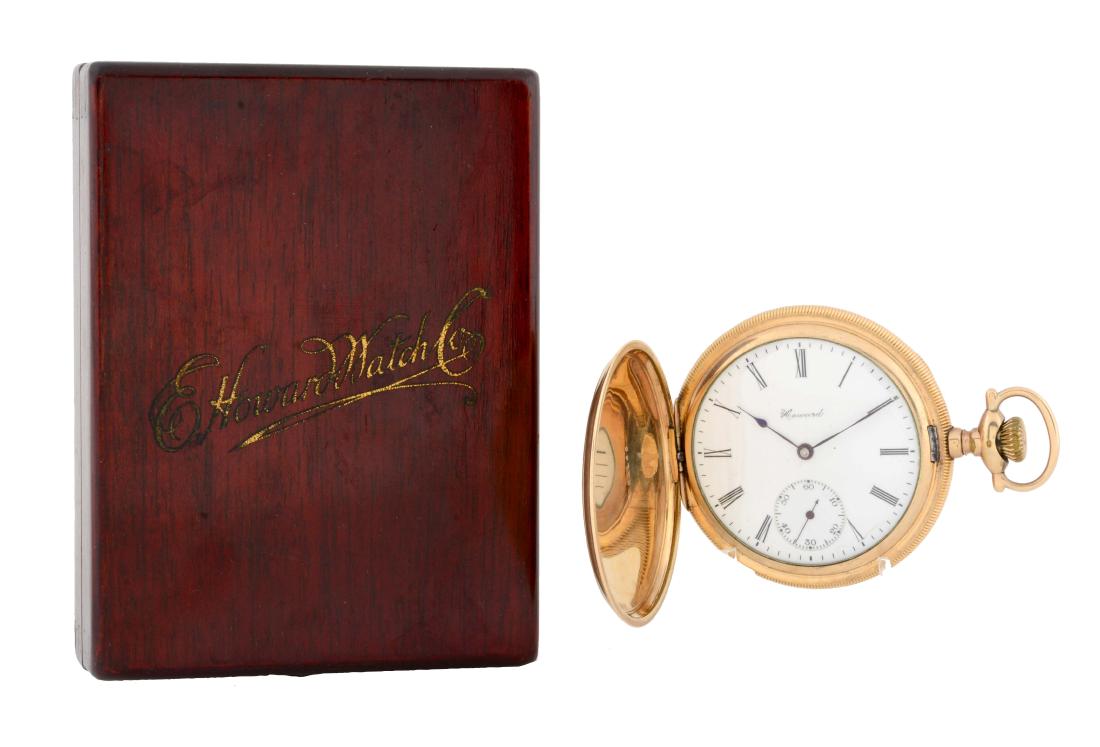 Gold Filled New Old Stock Howard Pocket Watch in Case: Gold Filled New Old Stock Howard Pocket Watch in Case with Receipt and original "Howard" insert. Winds, runs, and sets. Case marked 7951166. Dust cover shows wear where entering the case. Hairline cra