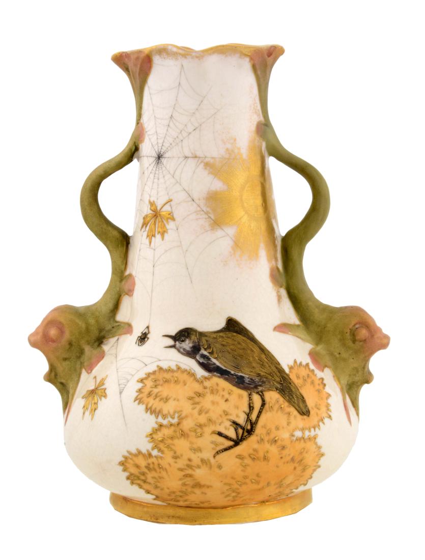 Amphora Vase with Serpent Handles.: Amphora vase with serpent handles and a black crow chasing a spider in a web. Signed "RSK Turn Teplitz Bohemia". Condition: (Very Good-Excellent).Dimensions: 10" T.