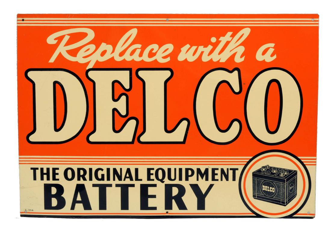 Delco Batteries w/ Battery Graphic Tin Sign. (1 of 3)