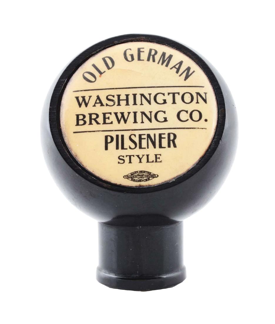 Old German Pilsner Style Beer Tap Knob.: Washington Brewing Co., Washington, Pa. Celluloid face has some slight discoloration and cracking below the word "Old". Case is clean. Still displays well. Condition(Very Good).Dimensions2 - 1/2" T.