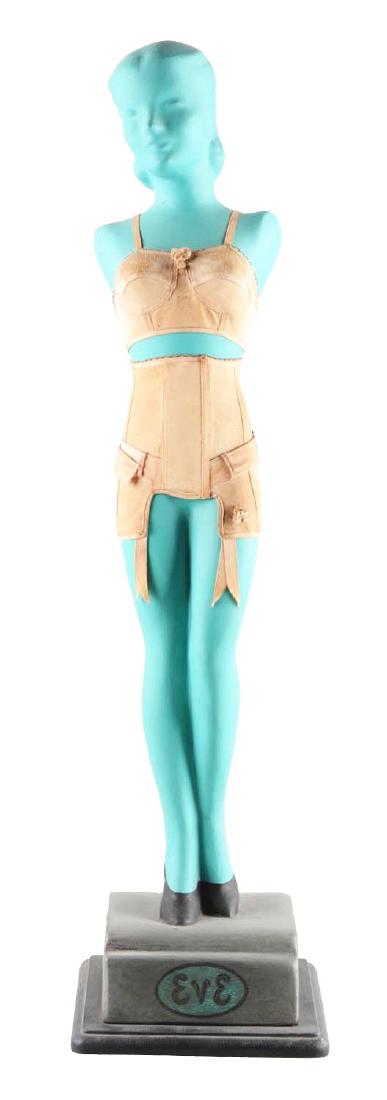 Eve Corsets Lady Display Figure.: Great Eve forest display on a wood base. The corset has some soiling but displays well. The body appears to have been repainted. Condition(Excellent).Dimensions32" x 8 -1/4".