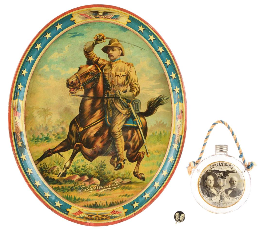 Lot of 3: Bryan & Stevenson Flask, Pinback & Tray. (1 of 10)