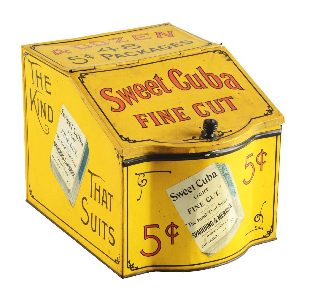 Sweet Cuba Fine Cut Tobacco Tin.: Very nice tobacco tin with strong colors and graphics. The lid has some soiling which will most likely clean off. Condition(Very Good Plus).Dimensions11" x 8".