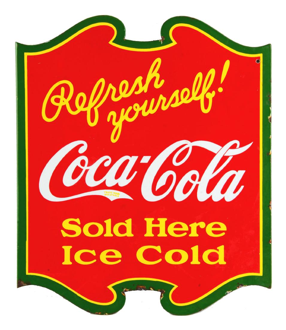 1930's Coke Porcelain Flange Sign.: Sign was made by G.S.W. Screen Process, circa 1938. Sign has great gloss and color with some minor chipping and a few cloudy areas on the display side. Condition(Very Good Plus).Dimensions20" x 17".