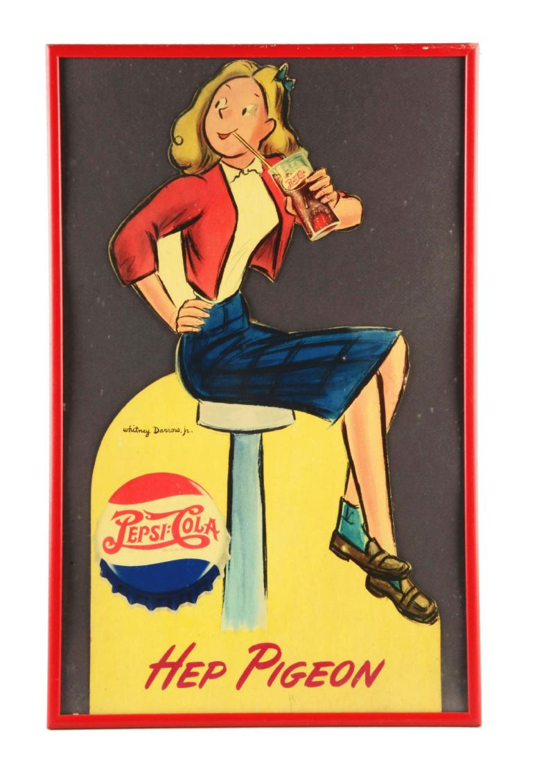 Cardboard Pepsi Hep Pigeon Die-Cut Sign.: Another neat 1950's larger cardboard cutout framed under glass. Cool period artwork by Whitney Darrow Jr. The piece presents quite well with only a small paper chip around her right eye and some light