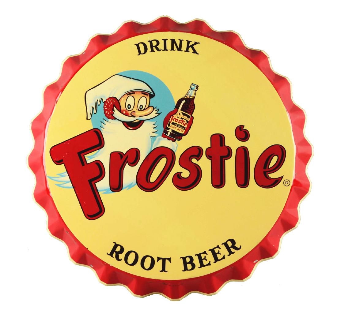 Tin Drink Frostie Root Beer Button Sign.: A great looking bottle cap sign with strong colors and nice sheen. The only shortcoming lies in the shadows and marks made by large bubble wrap circles. There are only a few small nicks and the outer