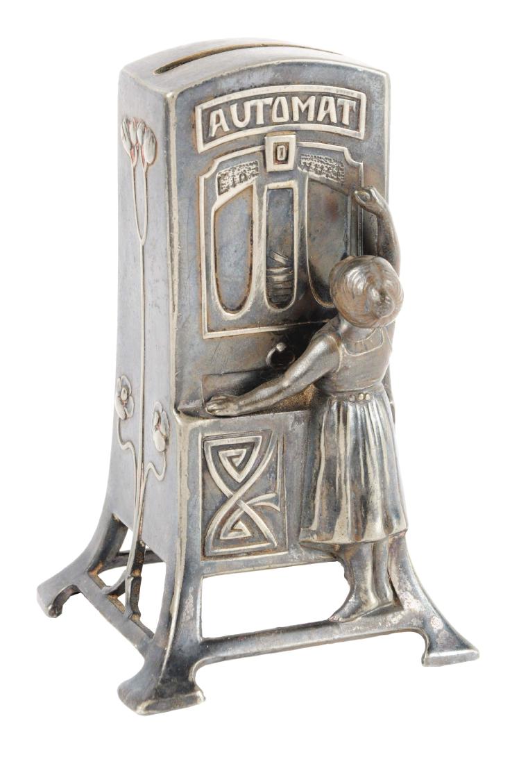 German Silvered Lead Automat Still Bank w/ Key Trap. (1 of 4)