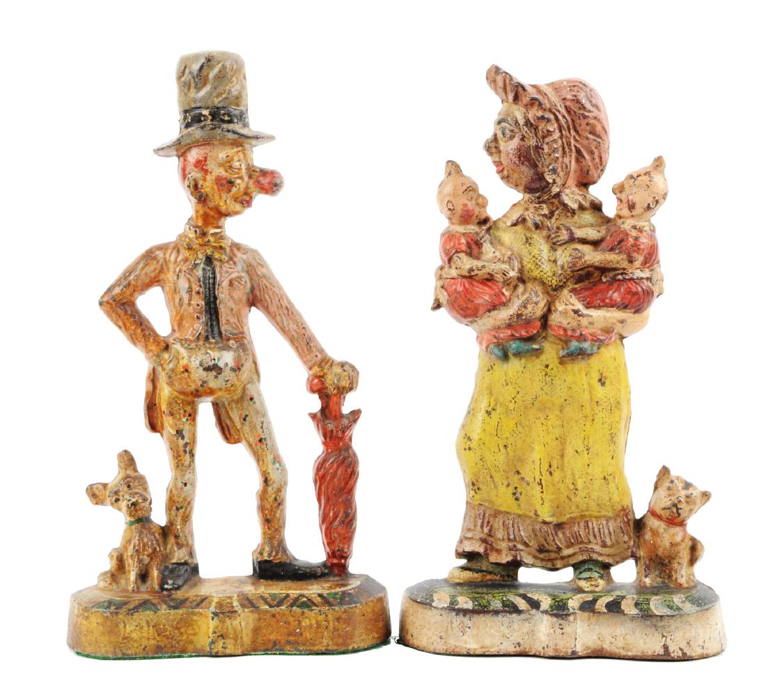 Lot of 2: Cast Iron Ally Sloper & Mrs. Sloper Doorstops: English. The Slopers were famous English cartoon characters, who appeared in a weekly comic strip in England from 1884 until the 1920’s. These are originals. Book examples. Condition:(Very Good Plus