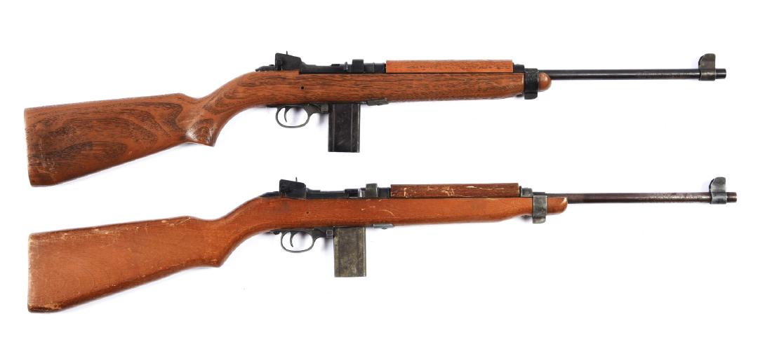 Lot Of 2: Crossman M1 Carbines (Wood & Plastic).: (A) is a wooden stock in fair to good condition. Top piece of stock has been replaced. Front and rear sights are complete. Comes with magazine. (B) is a plastic stock in good condition. Front and rear