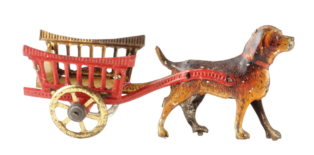 German Tin Litho Dog Pulling Cart Penny Toy.: Unmarked but probably Meier. Nice gold wash wheels, nice depiction of a large dog. Some scratching and wear to litho and wheels. Condition:(Very Good).Dimensions:4 - 1/2" L.